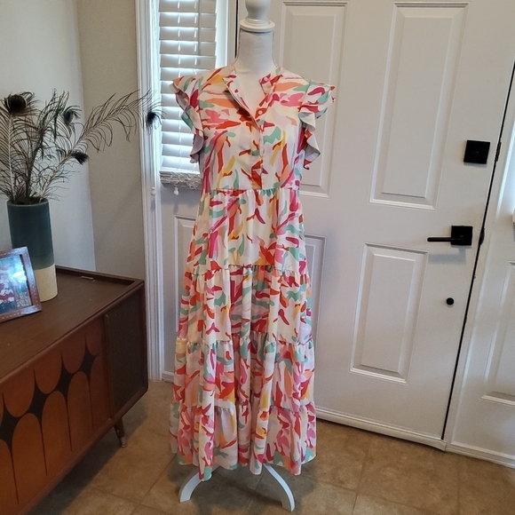 Crosby Mollie‎ Burch Dress Womens S Small Midi Colorful Tiered Pockets Easter - Picture 2 of 13